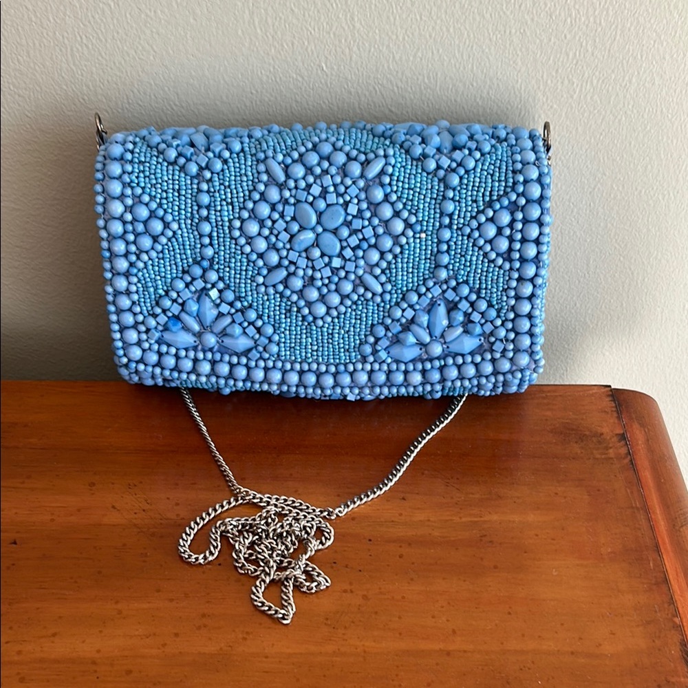 Blue hand beaded crossbody bag